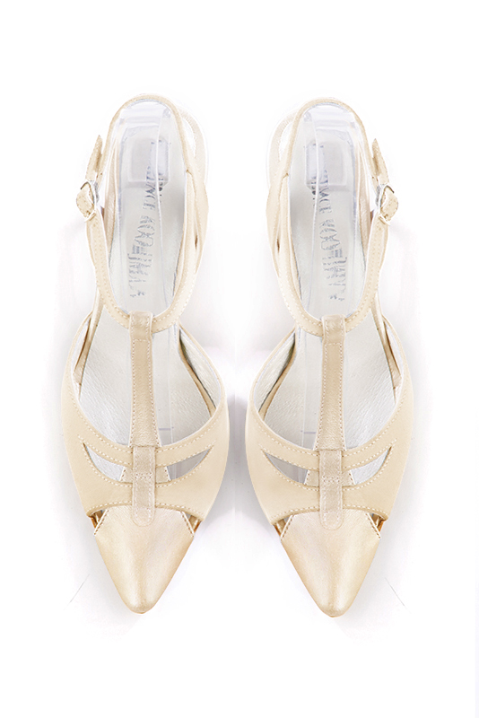 Gold and champagne beige women's open back T-strap shoes. Tapered toe. High slim heel. Top view - Florence KOOIJMAN